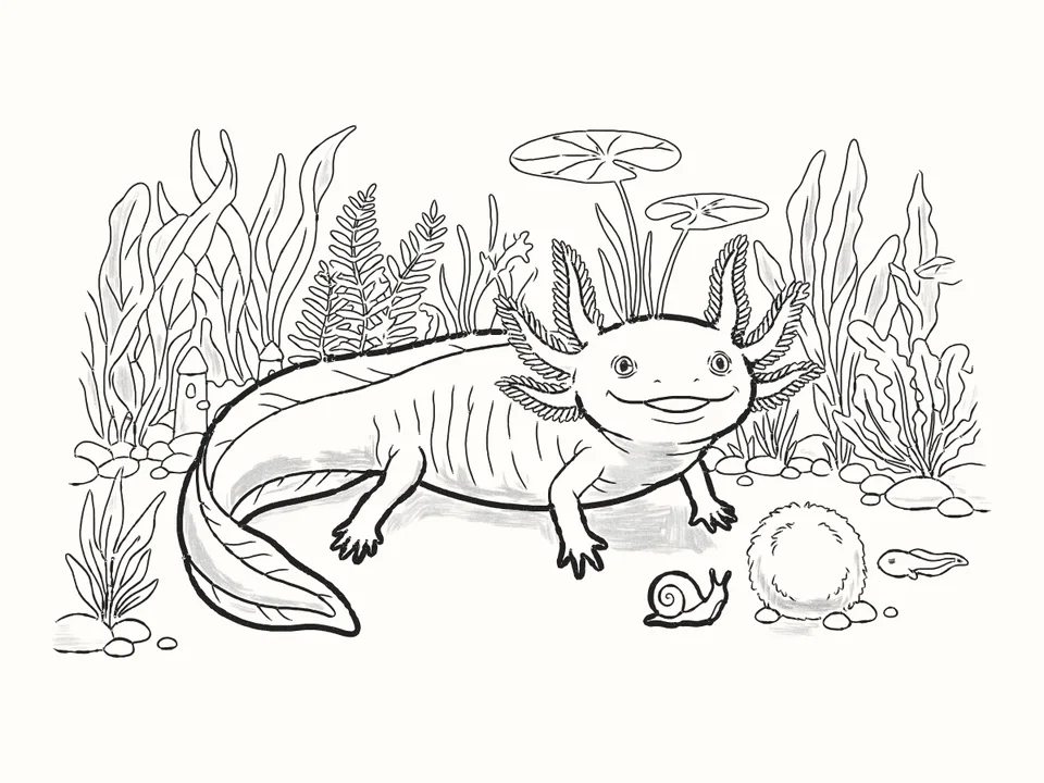 Mochi’s garden: a pencil drawing from DrawRabbit’s Axolotl world