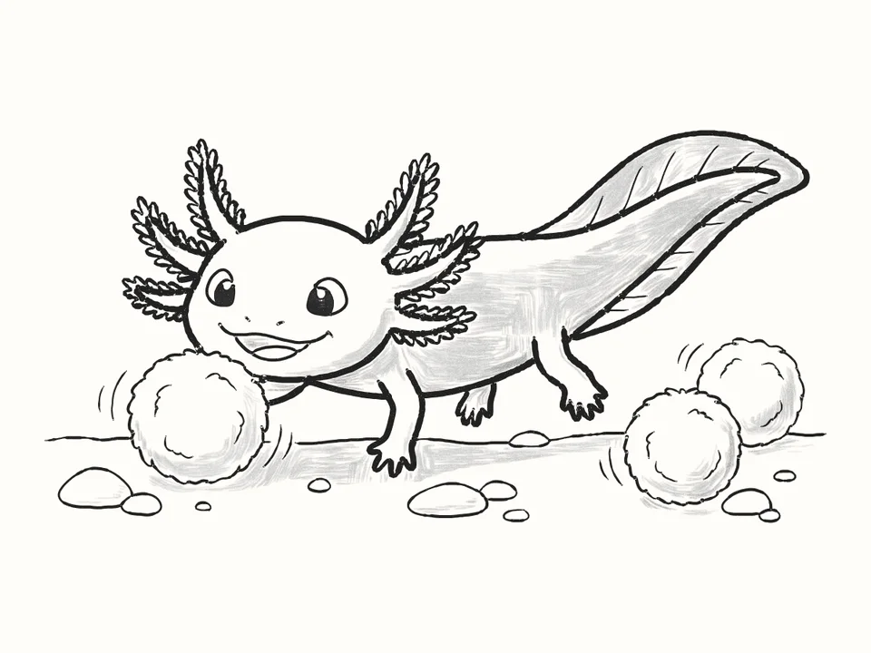 Moss ball friends: a pencil drawing from DrawRabbit’s Axolotl world