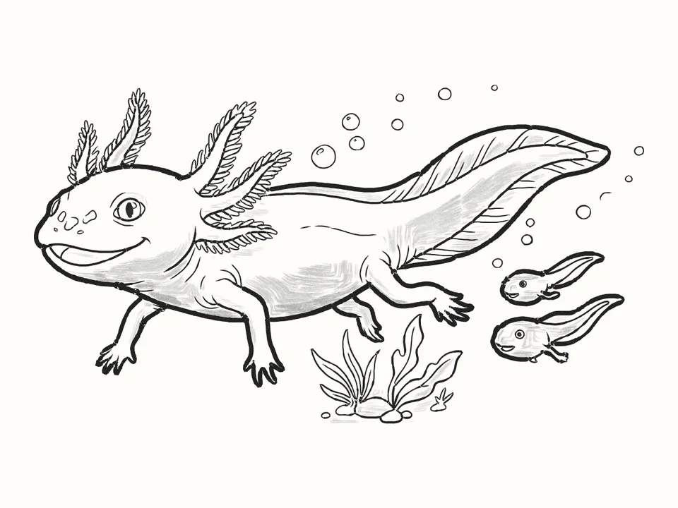 The tadpole race: a pencil drawing from DrawRabbit’s Axolotl world