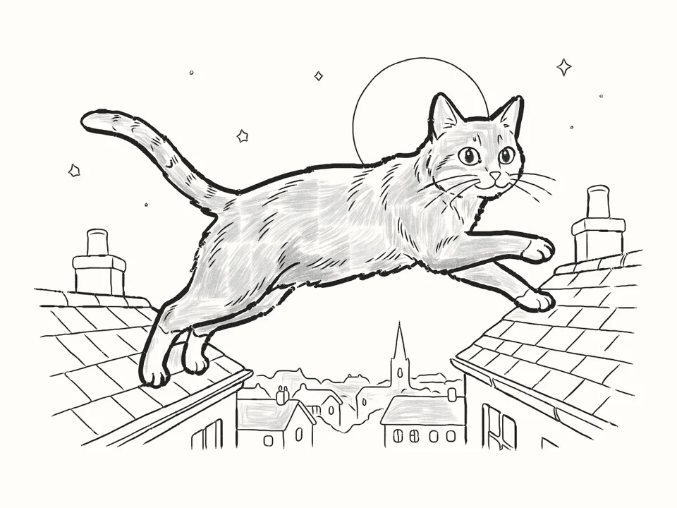 Over the rooftops: a pencil drawing from DrawRabbit’s Cat world