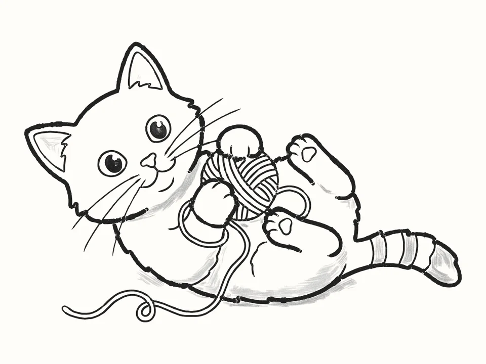 The ball of wool: a pencil drawing from DrawRabbit’s Cat world