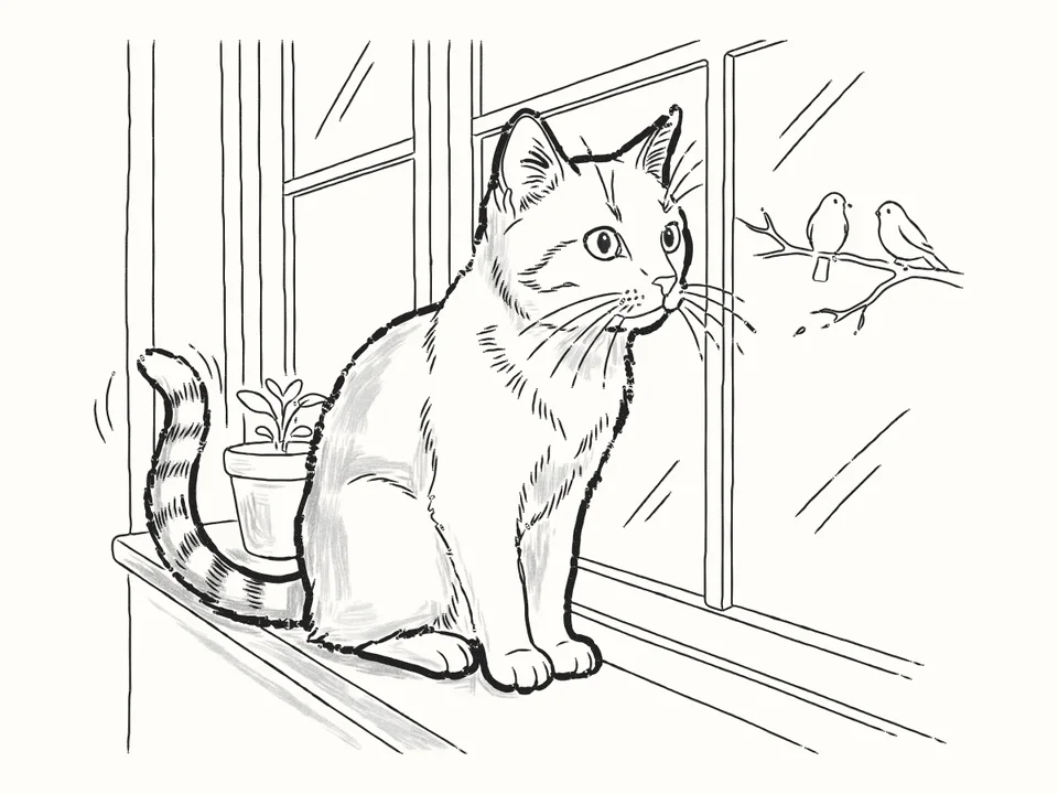The window sill: a pencil drawing from DrawRabbit’s Cat world