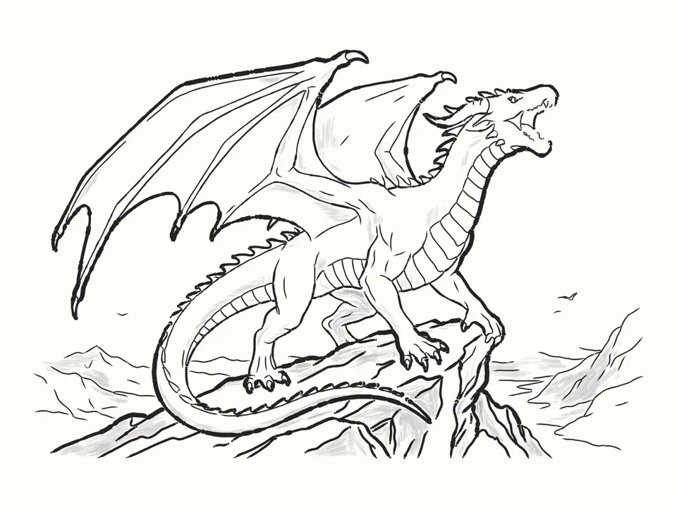 King of the mountain: a pencil drawing from DrawRabbit’s Dragon world