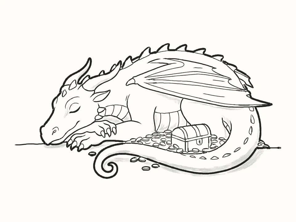 Asleep on the gold: a pencil drawing from DrawRabbit’s Dragon world