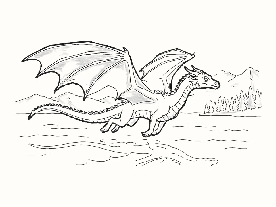 Over the lake: a pencil drawing from DrawRabbit’s Dragon world