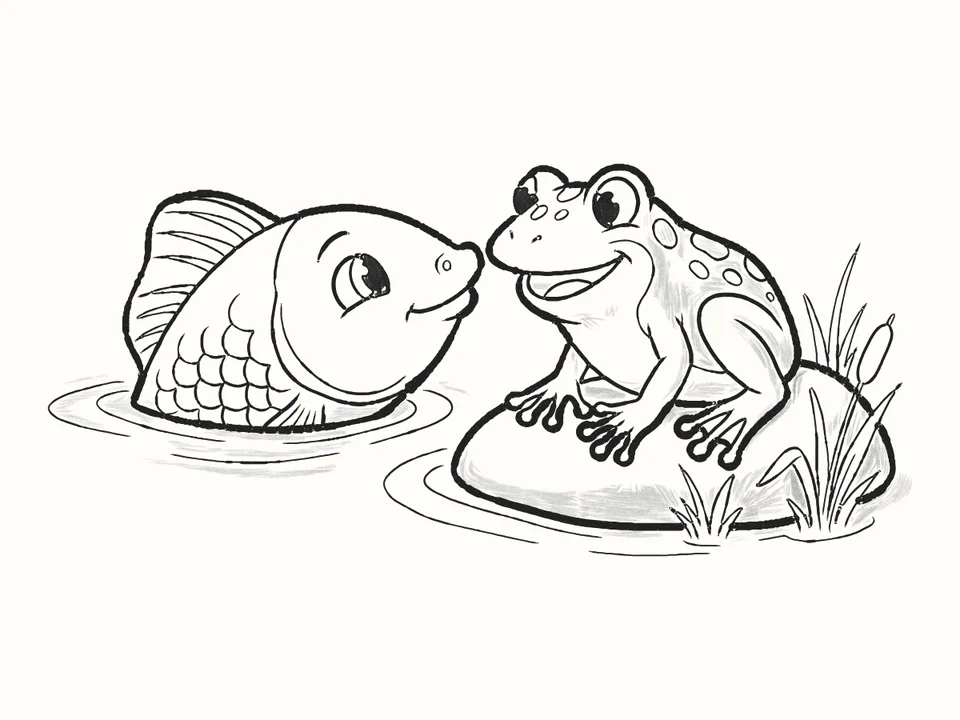 Meeting Frog: a pencil drawing from DrawRabbit’s Fish world