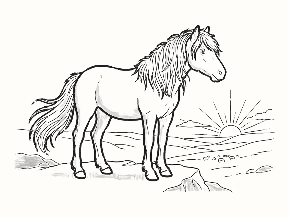 On the ridge at sunset: a pencil drawing from DrawRabbit’s Horse world