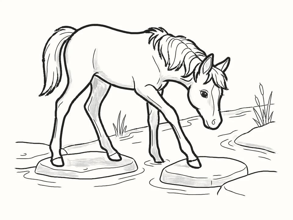 The stream crossing: a pencil drawing from DrawRabbit’s Horse world