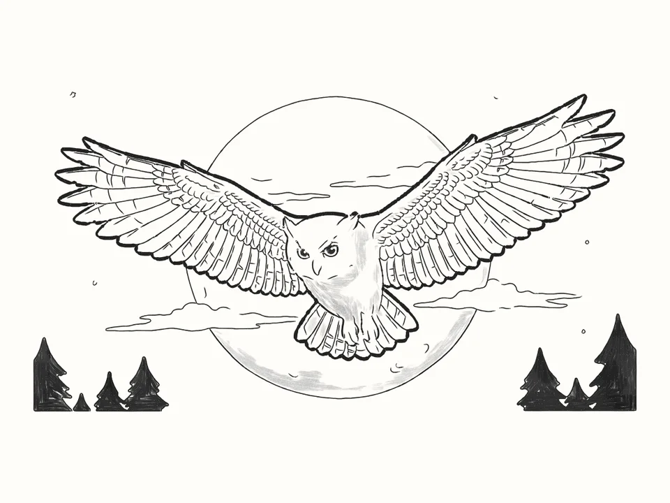 Full moon: a pencil drawing from DrawRabbit’s Owl world