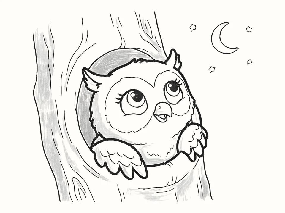 Peeking out: a pencil drawing from DrawRabbit’s Owl world