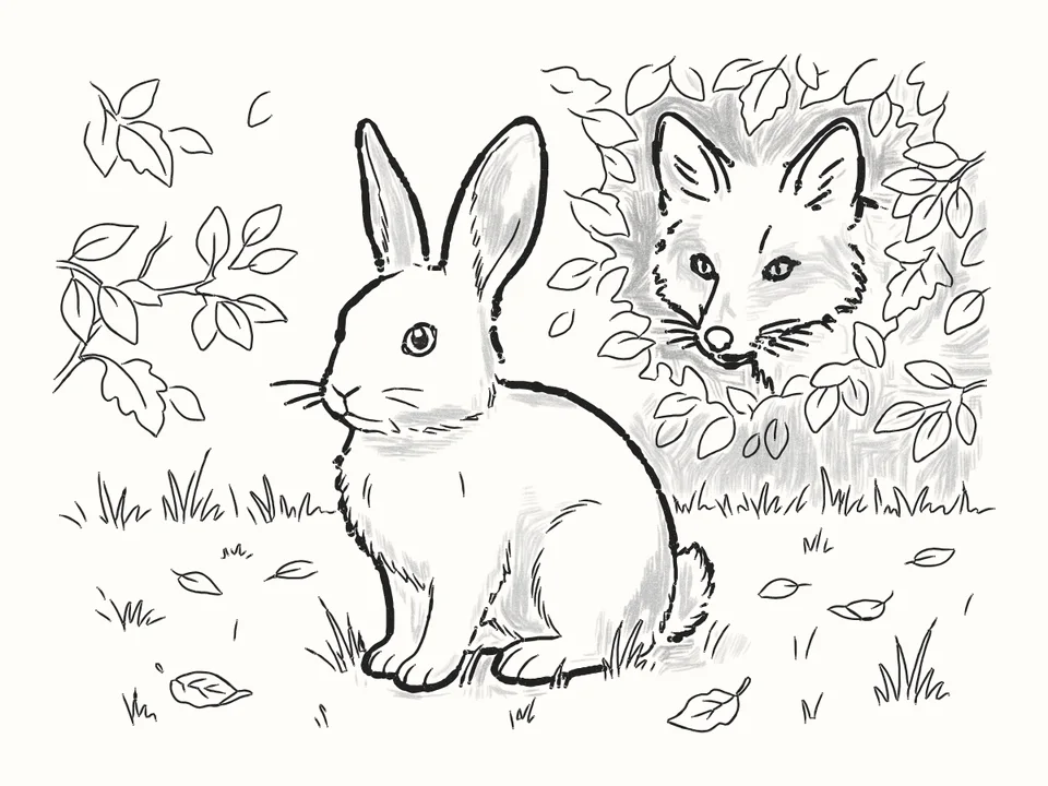 The fox in the hedge: a pencil drawing from DrawRabbit’s Rabbit world