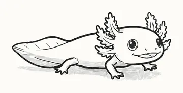 A finished pencil drawing of a cute axolotl with frilly gills, big eyes, a wide smile and a long finned tail