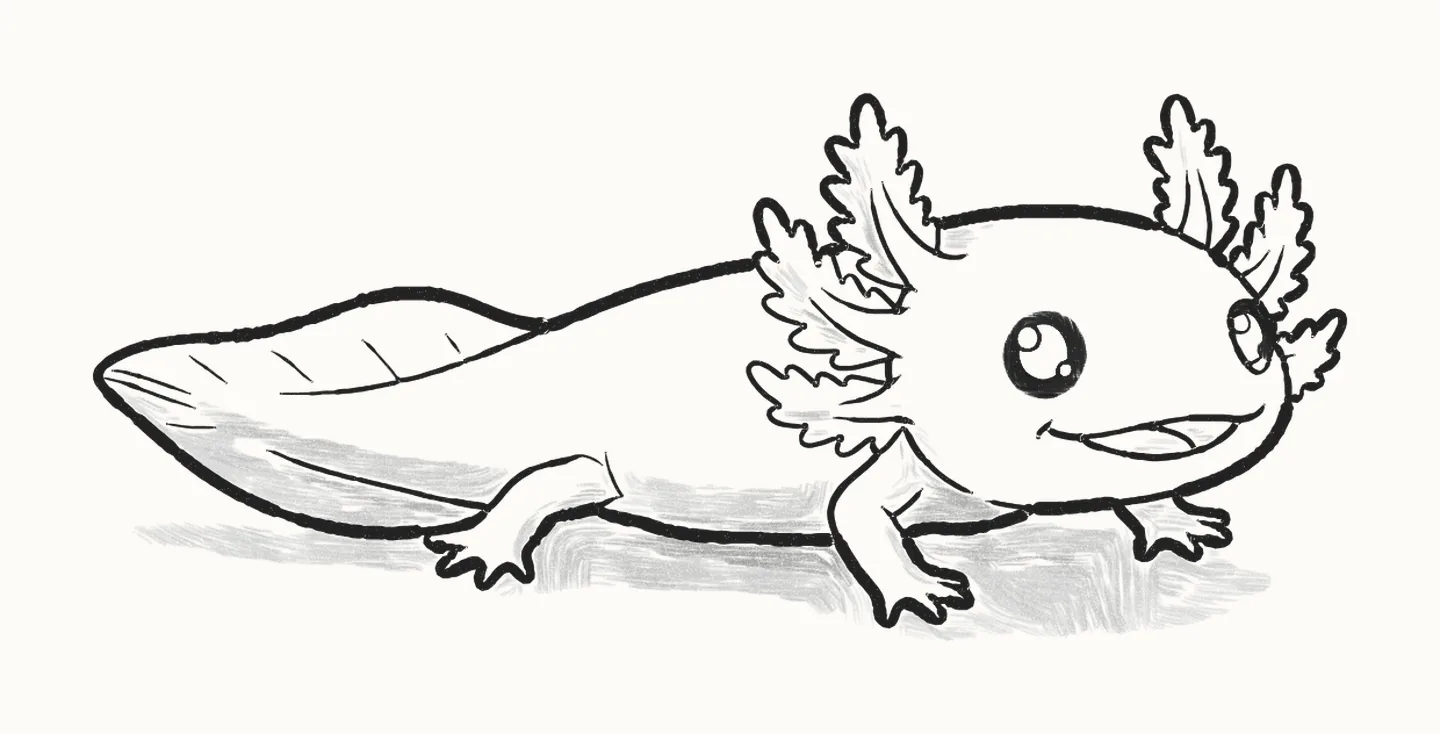 A finished pencil drawing of a cute axolotl with frilly gills, big eyes, a wide smile and a long finned tail