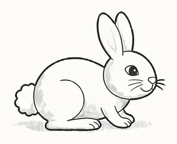 A finished pencil drawing of a sitting bunny rabbit with long ears, a fluffy tail and soft shading