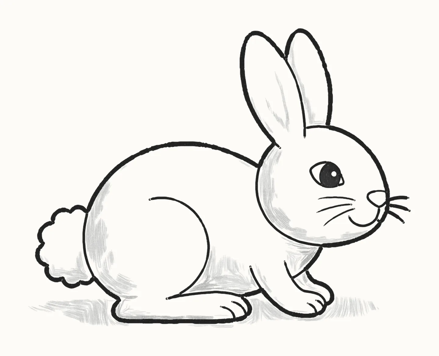 A finished pencil drawing of a sitting bunny rabbit with long ears, a fluffy tail and soft shading
