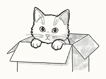 A finished pencil drawing of a fluffy kitten peeking out of a cardboard box with her paws over the edge