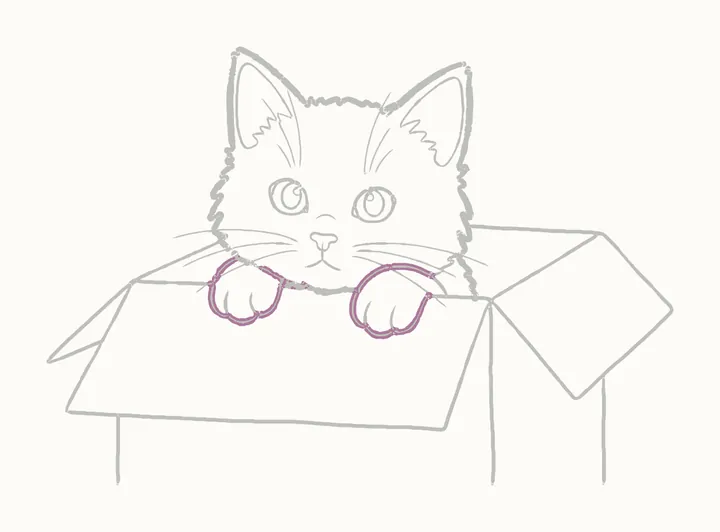 How to draw a cat in a box, step 14: go over her paws