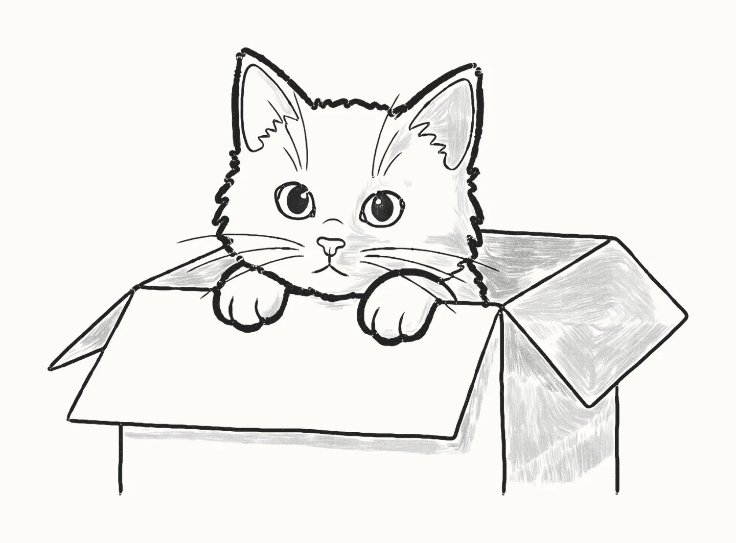 A finished pencil drawing of a fluffy kitten peeking out of a cardboard box with her paws over the edge