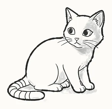 A finished pencil drawing of a cute sitting cat with big eyes, long whiskers and a striped tail curled round its paws
