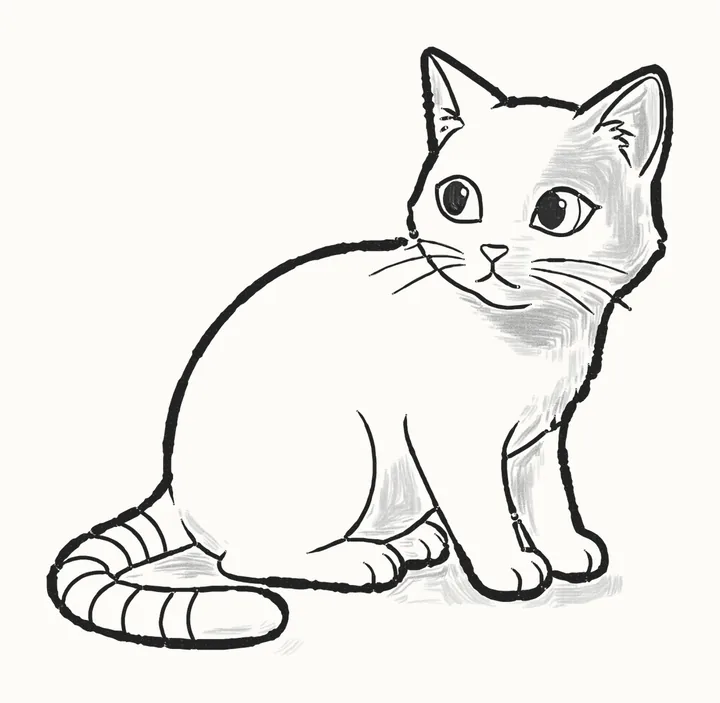 A finished pencil drawing of a cute sitting cat with big eyes, long whiskers and a striped tail curled round its paws