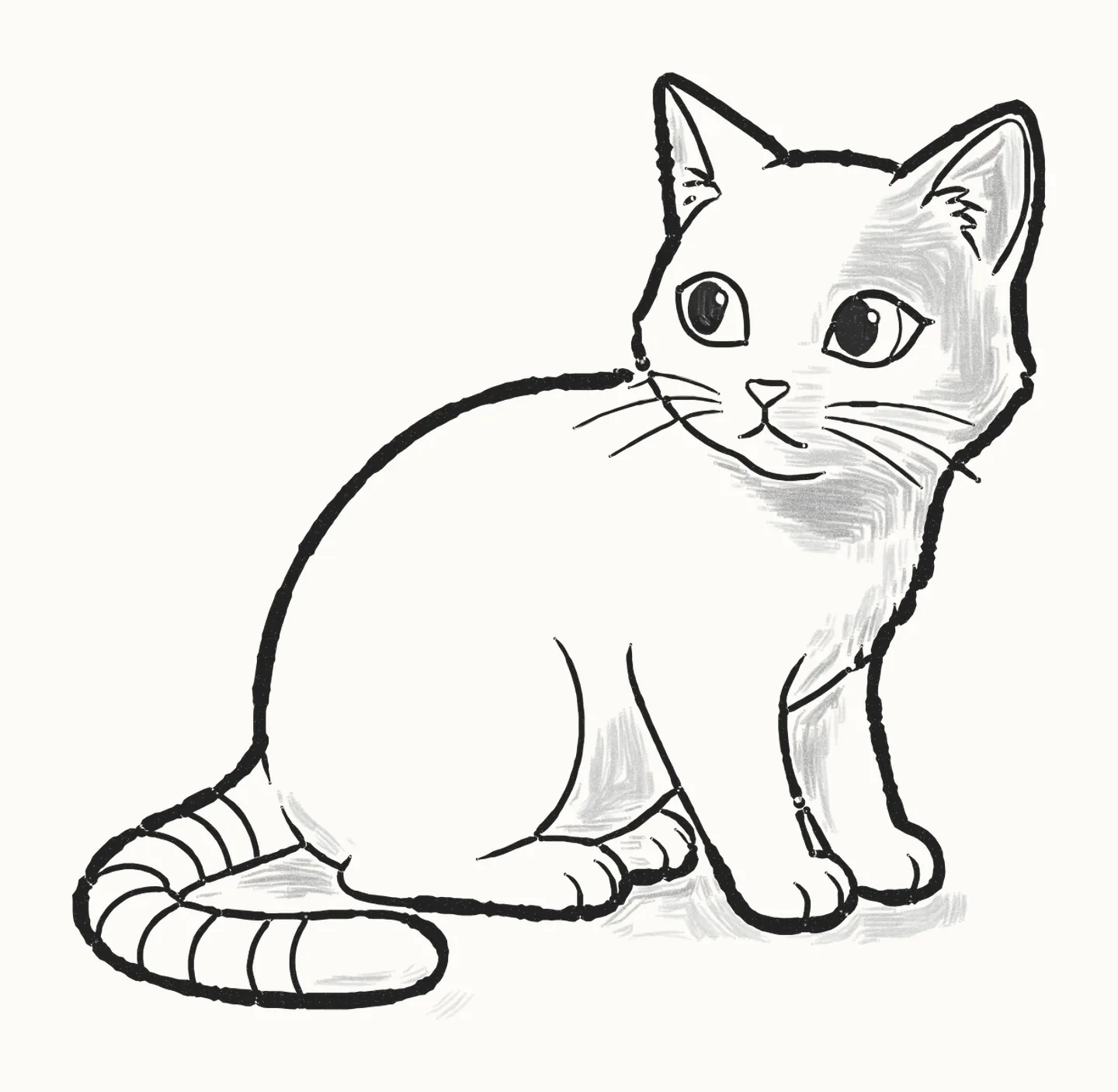 A finished pencil drawing of a cute sitting cat with big eyes, long whiskers and a striped tail curled round its paws