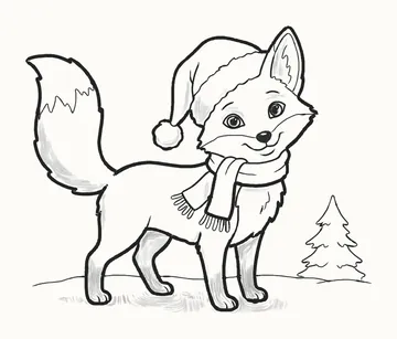 Dibujo a lápiz terminado de un zorro tierno parado en la nieve, con un gorro de Santa con pompón y una bufanda con flecos, y un pinito a su lado