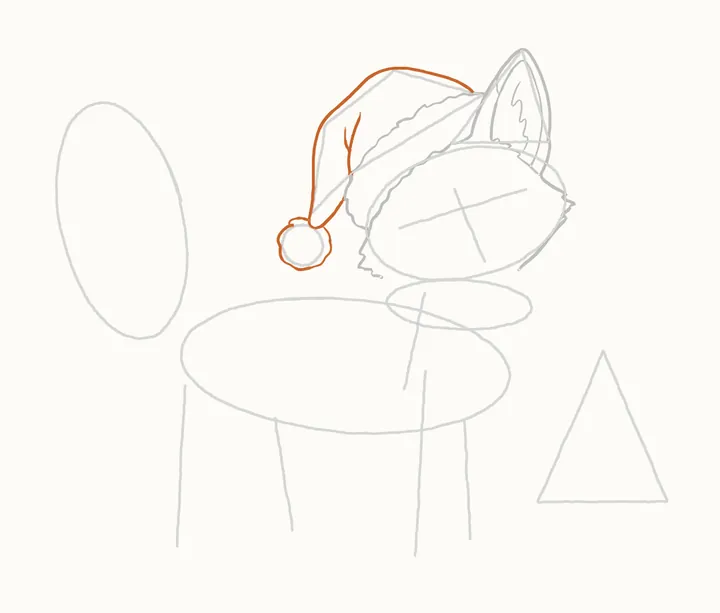 How to draw a Christmas fox, step 6: the hat and pom-pom
