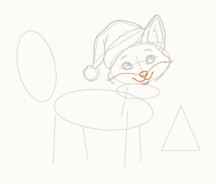 How to draw a Christmas fox, step 8: the nose and mouth