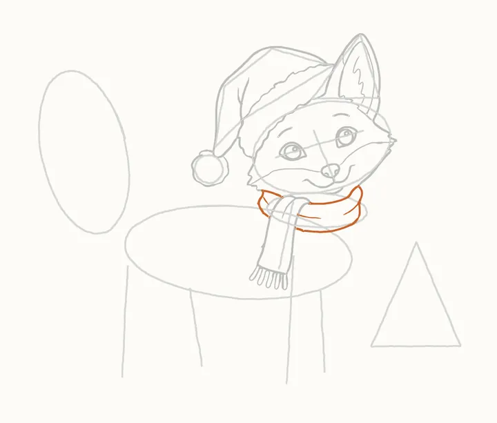 How to draw a Christmas fox, step 10: the scarf round his neck
