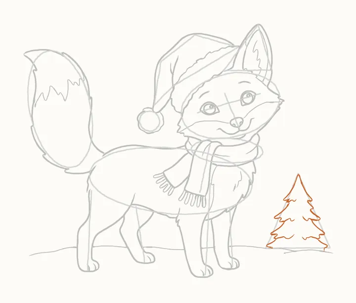 How to draw a Christmas fox, step 19: the fir tree