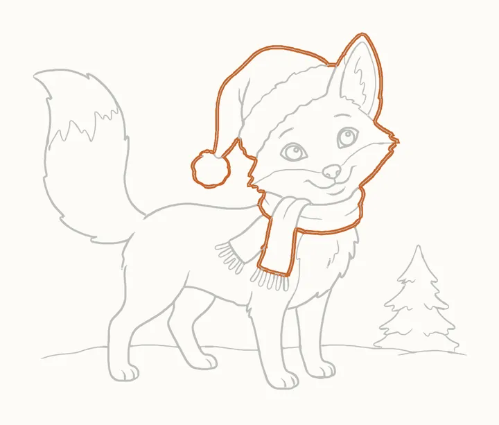 How to draw a Christmas fox, step 21: go over his head and hat