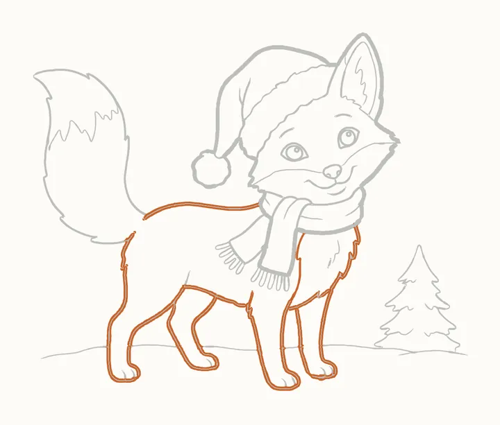 How to draw a Christmas fox, step 22: go over his body