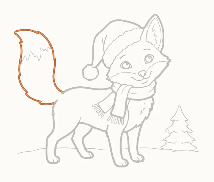 How to draw a Christmas fox, step 23: go over his tail