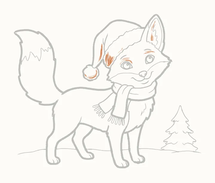 How to draw a Christmas fox, step 24: shade the head and hat