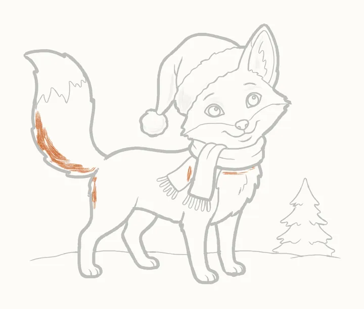 How to draw a Christmas fox, step 25: shade the tail and scarf