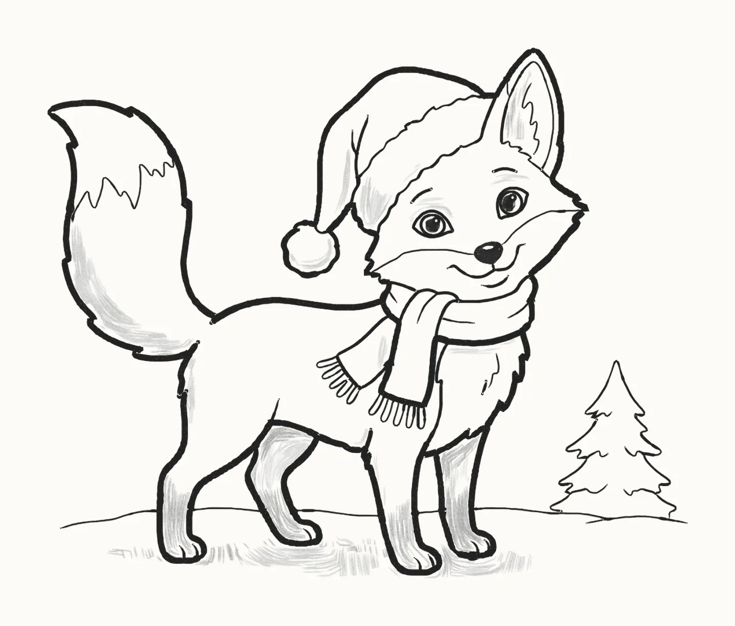 A finished pencil drawing of a cute fox standing in the snow wearing a Santa hat with a pom-pom and a fringed scarf, with a small fir tree beside him