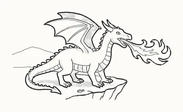 A finished pencil drawing of a dragon standing on a cliff, breathing a long curling flame, with its wing raised