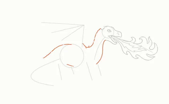 How to draw a dragon breathing fire, step 6: the neck and body