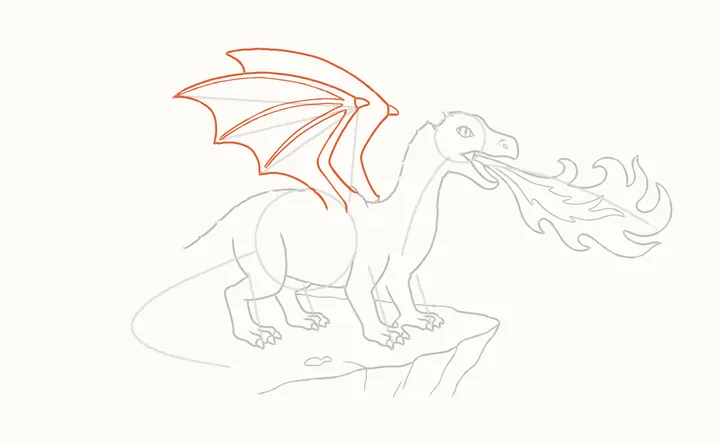 How to draw a dragon breathing fire, step 10: the wing