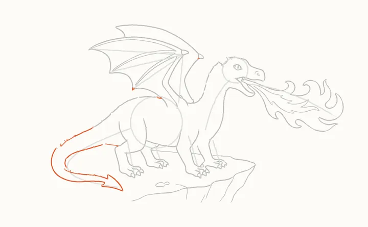 How to draw a dragon breathing fire, step 11: the tail