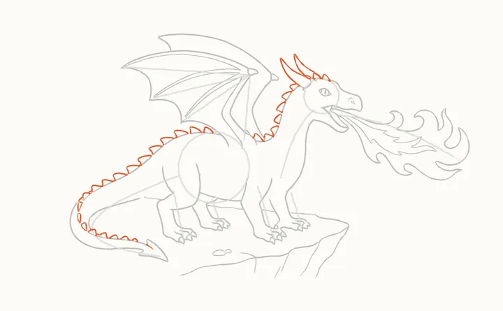 How to draw a dragon breathing fire, step 12: horns and spikes