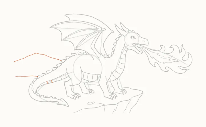 How to draw a dragon breathing fire, step 14: the distant hill