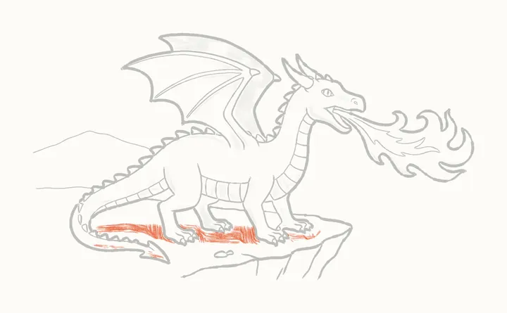 How to draw a dragon breathing fire, step 18: shadow on the cliff