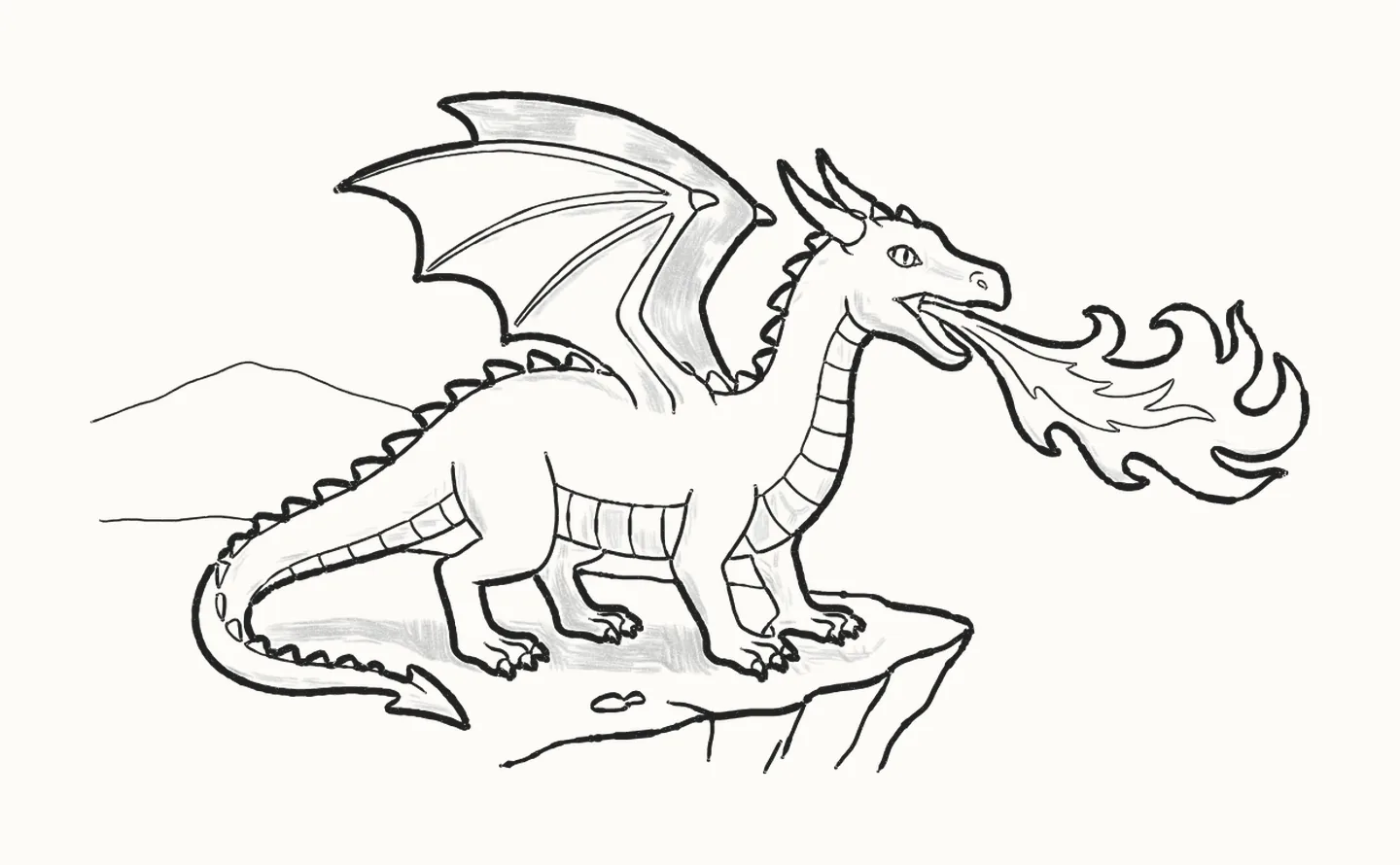 A finished pencil drawing of a dragon standing on a cliff, breathing a long curling flame, with its wing raised