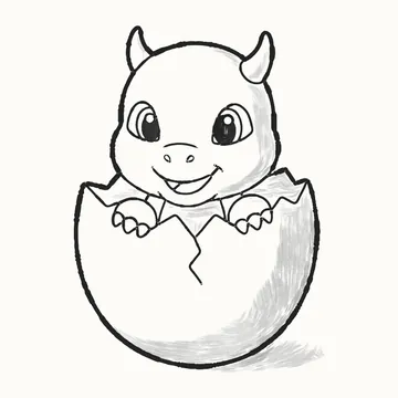 A finished pencil drawing of a cute baby dragon with little horns and big eyes, hatching from a cracked egg