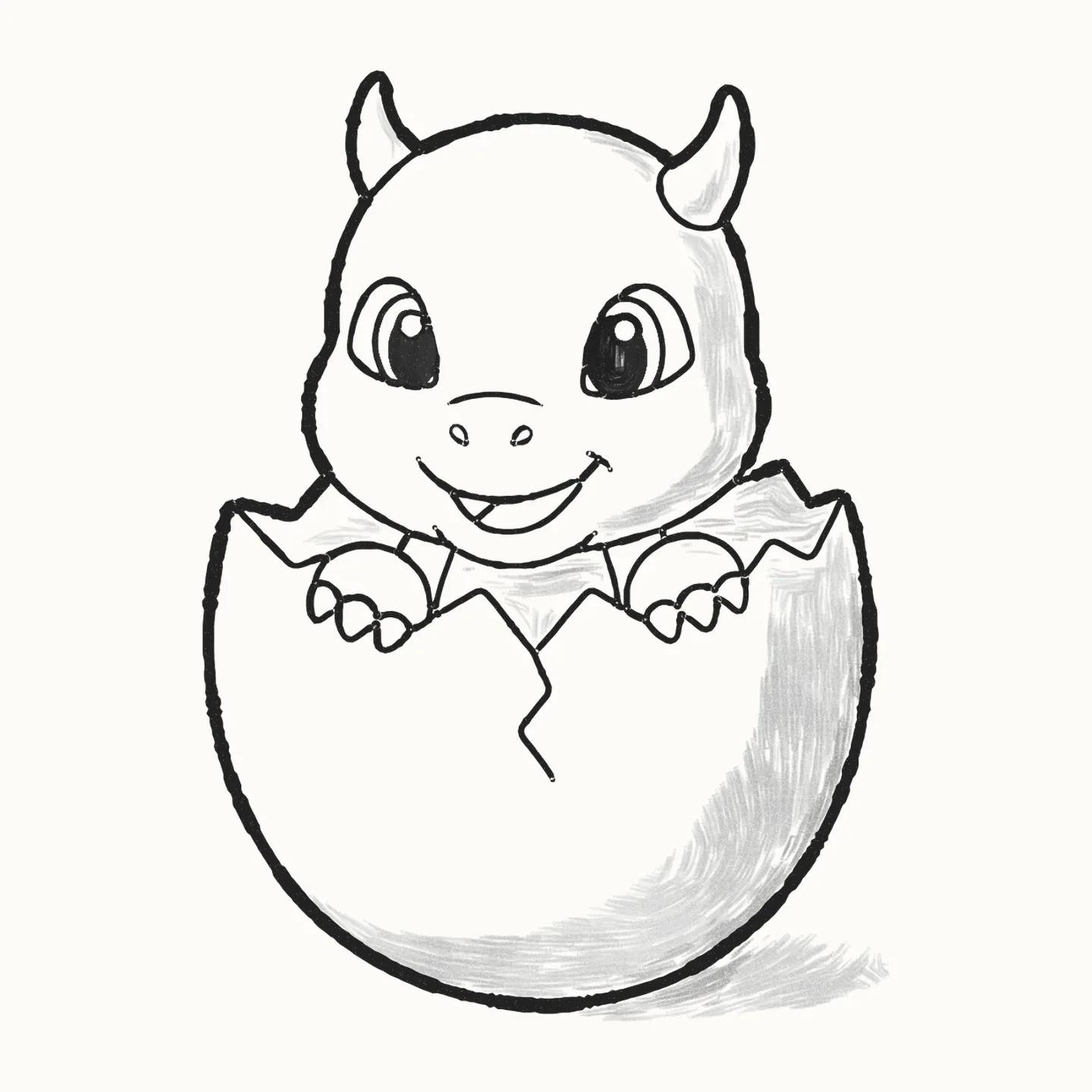 A finished pencil drawing of a cute baby dragon with little horns and big eyes, hatching from a cracked egg