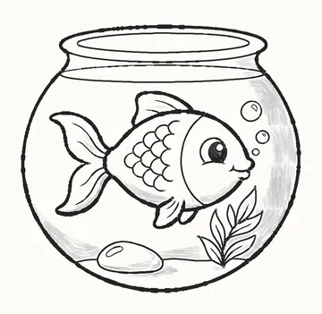 A finished pencil drawing of a cute goldfish in a round fish bowl with a pebble, a water plant and bubbles