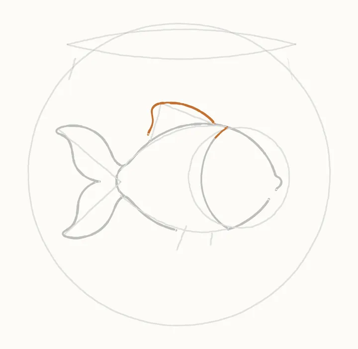 How to draw a fish in a bowl, step 7: the top fin