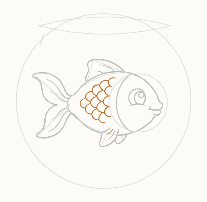 How to draw a fish in a bowl, step 11: the scales