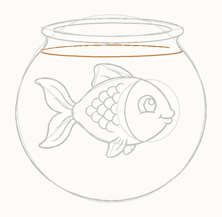 How to draw a fish in a bowl, step 14: the water line